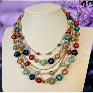 Multi-Strand Beaded Necklace in Red, Navy, Gold & Teal